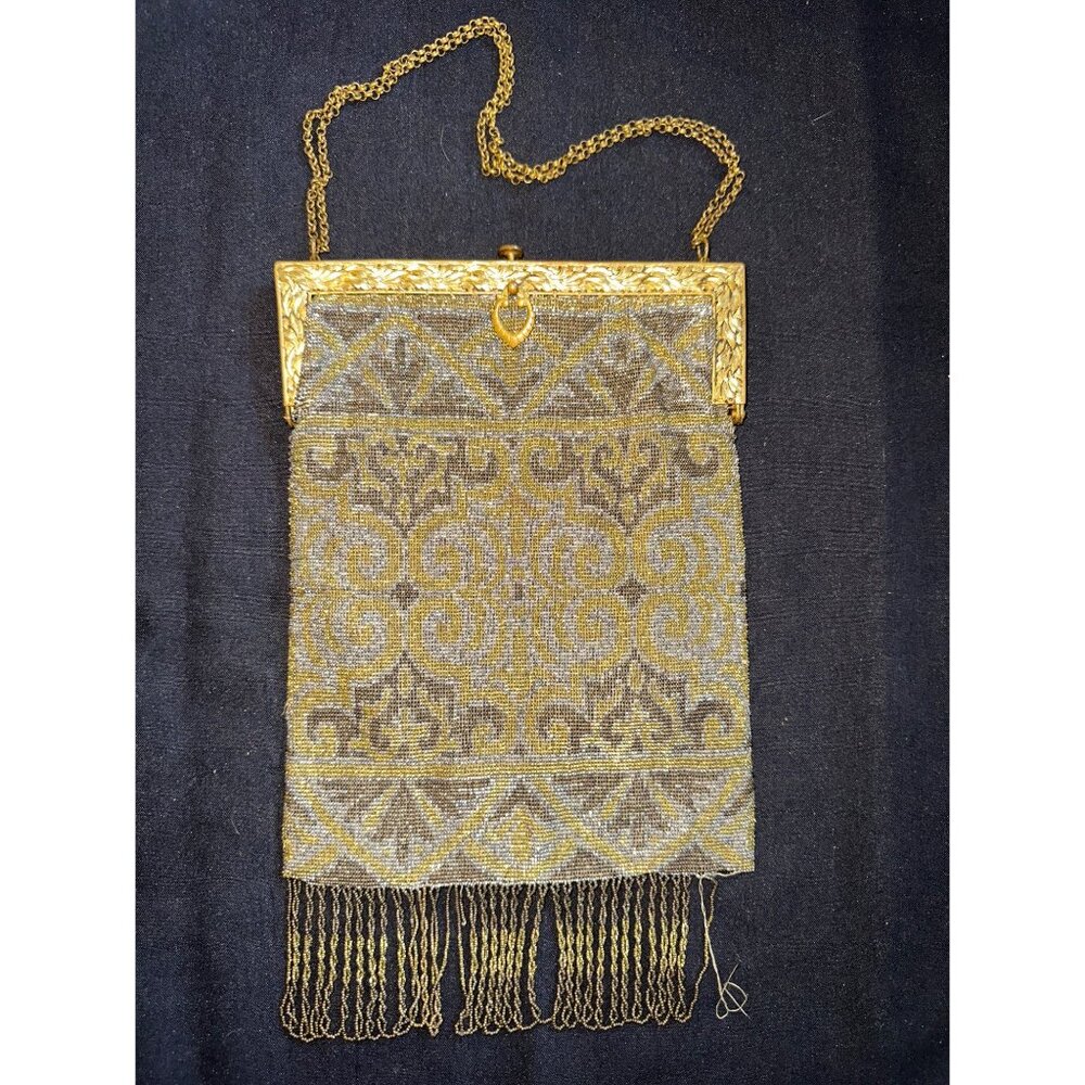 Antique Edwardian French gold gilt silver glass beads beaded fringe purse bag